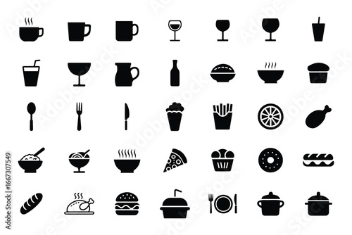 Minimal Food and Drink Icons Design, Restaurant and Cafe Vector Collection
