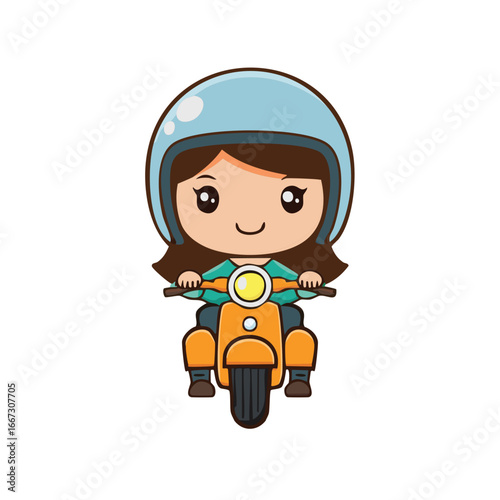A cute illustration of a girl riding a yellow scooter wearing a helmet.  The scene evokes a sense of freedom, adventure and joy.