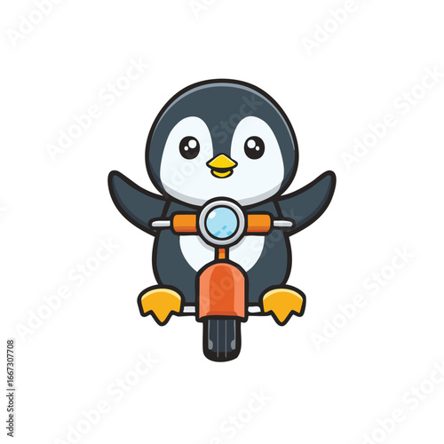 An adorable penguin joyfully riding a motorbike with its flippers outstretched