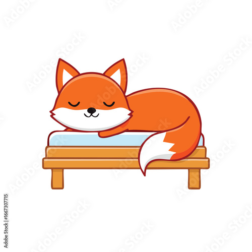 A cute fox sleeping peacefully on a wooden bed, with eyes closed and a serene expression. The fox has soft orange fur and a fluffy tail.