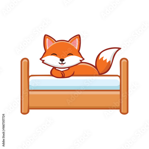 A charming fox happily resting on a cozy bed, exuding comfort and contentment. The fox has vibrant orange fur, a bushy tail, and a serene expression