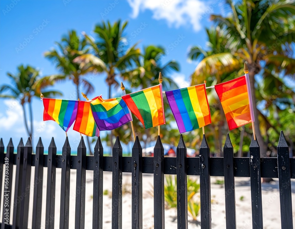 Colorful Pride flags on a beach fence Colorful Pride flags on a beach fence