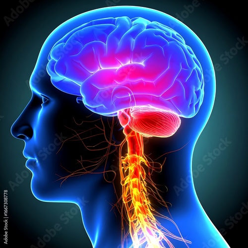 Human head anatomy with brain and spinal cord