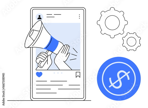 Smartphone interface with hand holding megaphone, gears signifying strategy, and dollar icon. Ideal for marketing, social media, advertising, promotion, audience engagement, revenue growth