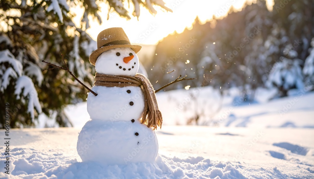 Obraz premium Happy Snowman Enjoying a Beautiful Winter Sunset in the Snowy Forest.