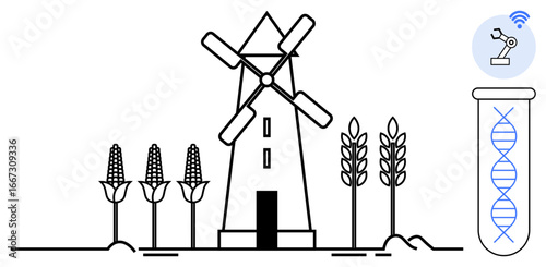 Windmill amid wheat and corn crops, test tube with DNA helix, robotic arm icon. Ideal for biotechnology, agriculture, innovation, sustainability, food technology automation renewable energy. Simple