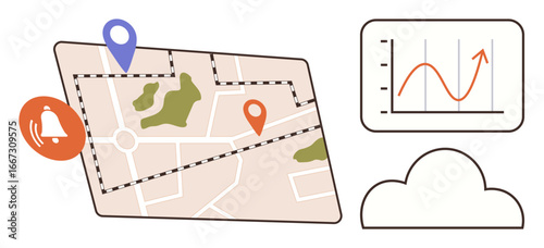 Map with location pins and routes, bell notification, cloud icon, and upward graph. Ideal for navigation, tracking, data analysis, cloud services notifications metrics planning. Simple flat