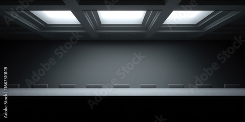 An empty conference room with a long table and several chairs beneath bright ceiling lights. Concept of business meeting setting, modern interior