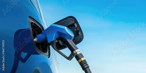A blue fuel pump nozzle is inserted into a car's fuel tank. Refueling concept