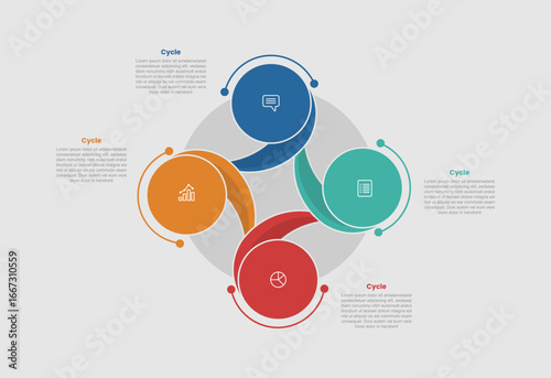cycle and circular shape business process infographic diagram with long sharp tail connection with 4 step for slide presentation