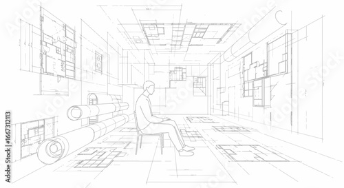Conceptual architectural design featuring a seated figure amidst technical drawings