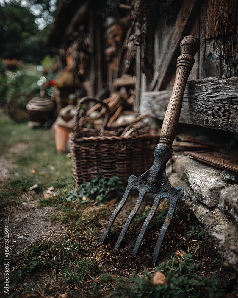 Fototapeta premium A garden fork and wicker basket near a rustic wooden building.