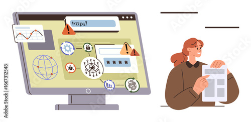 Monitor with warning alerts, globe, eye, padlock icons emphasizing internet risks and data security. Woman holding document denotes concern. Ideal for cybersecurity, internet safety, data protection