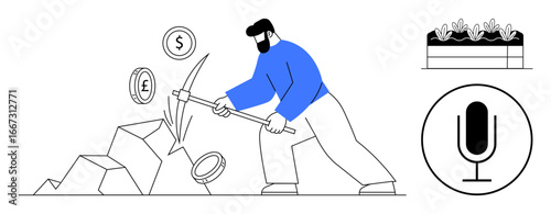 Male character extracting coins from rocks using a pickaxe, accompanied by a microphone icon and a garden planter box. Ideal for finance, investment, podcasting, gardening, effort, resourcefulness