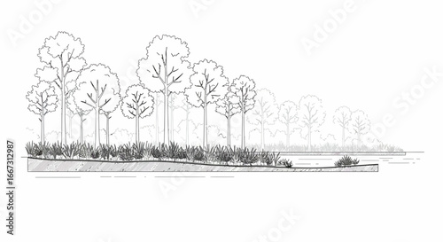Detailed black and white illustration of a riverbank with trees and vegetation