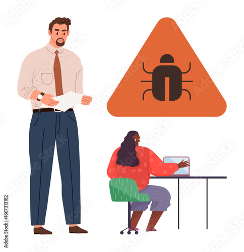 Alert triangle with bug icon, developer working on laptop, and a professional reviewing documents. Ideal for technology issues, debugging, teamwork, problem-solving, software development, IT