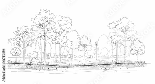 Detailed line art illustration of a tranquil forest landscape and nature scene