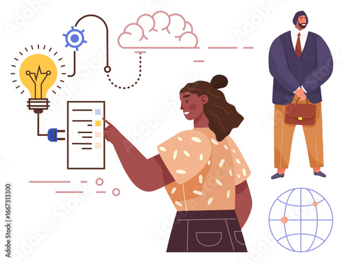 Woman interacting with a task list under a lightbulb symbolizing ideas, man holding a briefcase, abstract globe and cloud for innovation. Ideal for teamwork, brainstorming, planning, technology