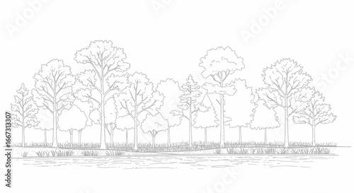 Delicate grayscale line art illustration depicting a serene forest scene with water