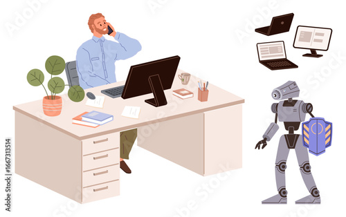 Office worker talking on phone at desk with computer monitors, books, and coffee. Robot delivers a parcel. Ideal for technology, AI, automation, workplace, innovation future concepts business