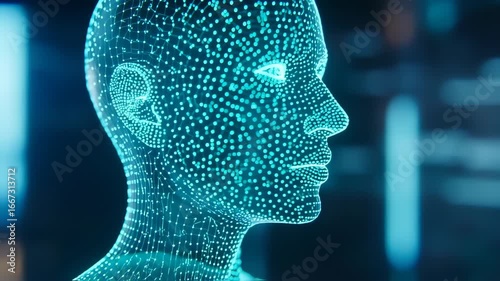 Digital human head, rendered in turquoise mesh dots and lines on a dark background.  A face, with eyes, nose, and mouth, is visible