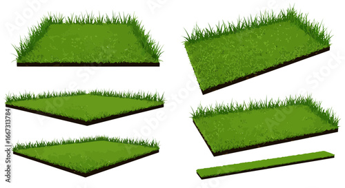 Collection of isometric grass patch vector illustrations for landscaping design