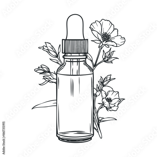 Essential oil bottle with floral elements for wellness design