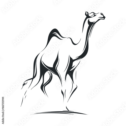 Graceful camel walking in profile for design and art projects