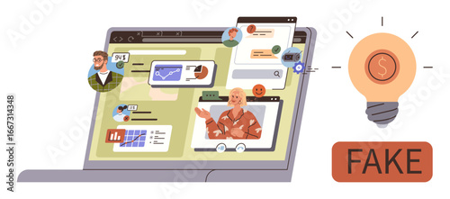 Laptop screen featuring fake profiles, misleading charts, and false data. Highlighting digital misinformation risks. Ideal for education, communication, social media, cybersecurity, ethics