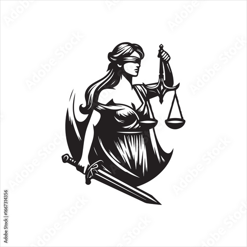 Blindfolded Lady Justice Holding Scales and Sword in Silhouette.