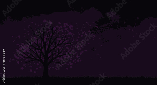 Ethereal dark night landscape featuring a solitary tree with purple leaves