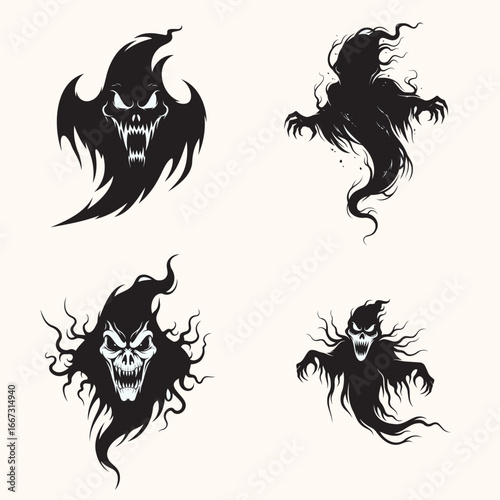 dark angry ghosts, demonic spirits, silhouettes of spooky entities, Halloween-themed paranormal illustrations, creepy supernatural black ink drawings, mysterious ethereal phantoms