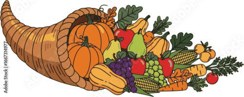 Autumn cornucopia (horn of plenty) with fruits and vegetables. Halloween 