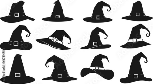 set of Black witches hat. Vector illustration. on white background