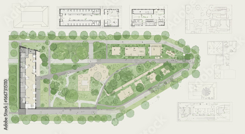 Architectural site plan showing building layouts within a landscaped environment