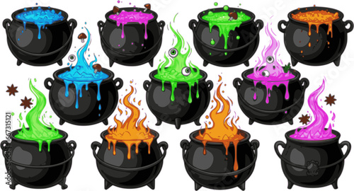 Set of witches cauldrons with colorful potions isolated on a white background. Vector illustrations
