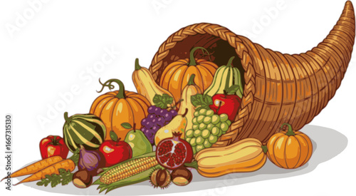 Autumn cornucopia (horn of plenty) with fruits and vegetables. Halloween 
