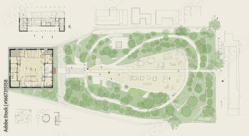 Architectural Plan of Urban Park and Building, Detailed Design Visualization