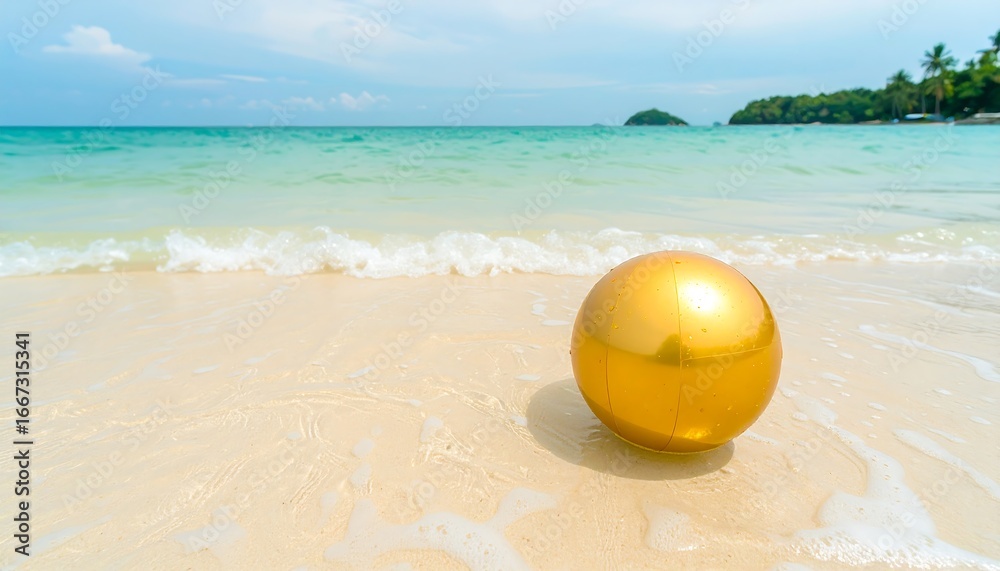 Obraz premium Golden Ball on a Serene Tropical Beach with Gentle Ocean Waves.