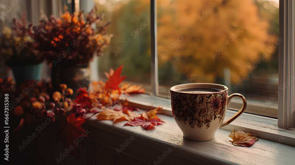 Fototapeta premium Autumn Coffee Cup on Windowsill
