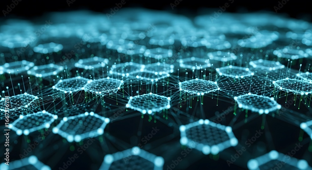 Obraz premium Abstract glowing blue hexagonal network structure, futuristic technology concept