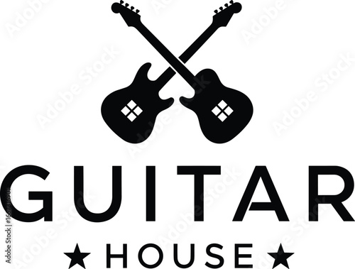 Guitar House logo design, crossed electric guitars icon, music studio branding, rock symbol graphic, minimalist black and white emblem