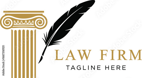 Law firm logo design, golden Ionic column, feather quill symbol, legal branding icon, justice emblem, professional attorney graphic