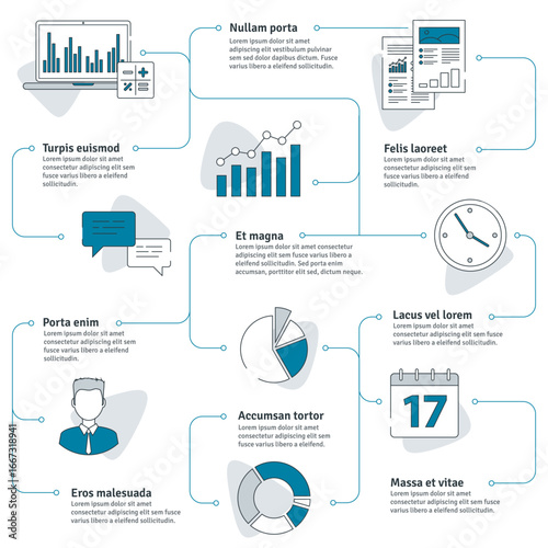 Vector illustration of business data analytics with laptop screen, financial graphs and charts. Infographic style design with pie chart, bar chart, calendar, clock and communication icons.