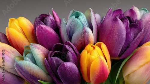 Fresh tulips flower bunch, close-up on plain background