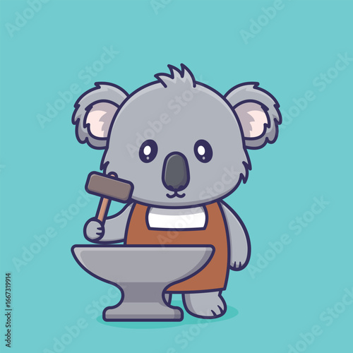 Blacksmith Koala Bear with a Hammer and Anvil Adorable Cartoon Mascot Character Ready to Forge and Work Metal