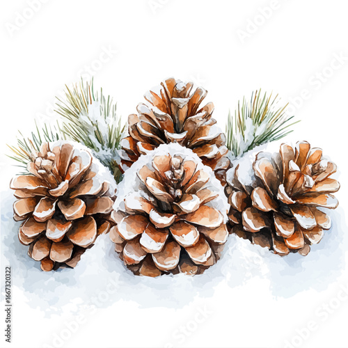 Pine Cones On Snow, watercolor clipart vector, isolated on a white background.