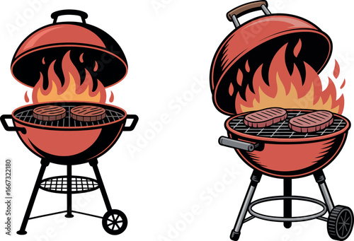 Two bright red kettle-style barbecue grills are shown, both with their lids open to reveal sizzling hamburgers over glowing flames.