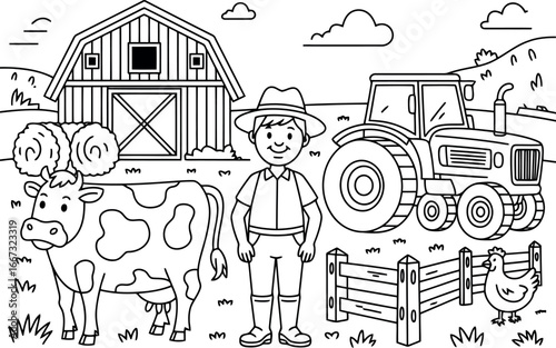 A charming farm scene in outline form shows a friendly farmer standing proudly in front of a barn and a large tractor. 