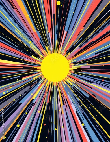 A vibrant, radiating burst of multicolored lines emanates from a central, bright yellow circle against a dark background speckled with small dots. The lines vary in length and thickness, 